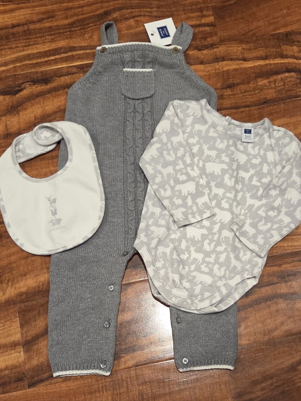 Janie & Jack NWT 6-12 Months Gray Sweater Overalls, Forest Animal Bodysuit & Bib
